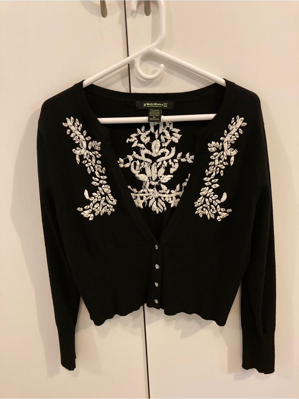 Vintage Black Embroidered cropped sweater with beading, & rhinestone buttons